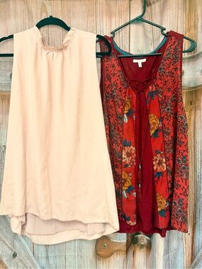 Two tops-Maurices Red Floral Lace-Up Tank and pink monk turtleneck